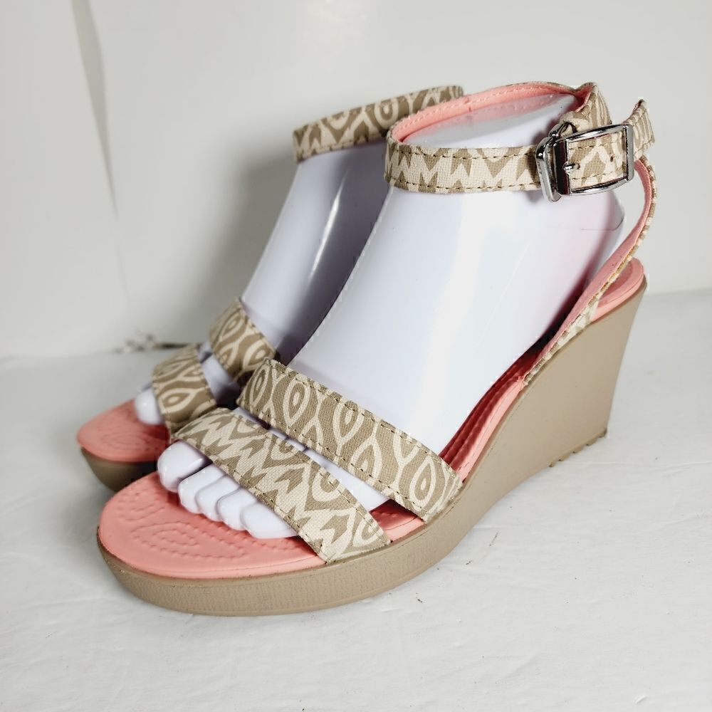 Crocs Women's Leigh Size 9 Ankle Strap Pink Gray Wedge Strappy Sandals